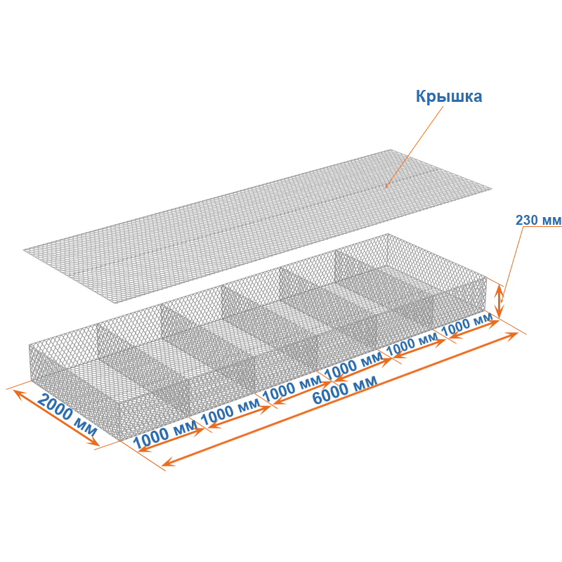 Габион матрац ГСИ-М 6х2х0,23 оцинкованный, Ø проволоки 3,0 мм, размер ячейки 8х10 см фото