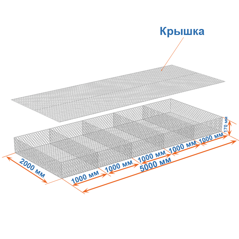 Габион матрац ГСИ-М 5х2х0,17 оцинкованный, Ø проволоки 2,2 мм, размер ячейки 6х8 см фото