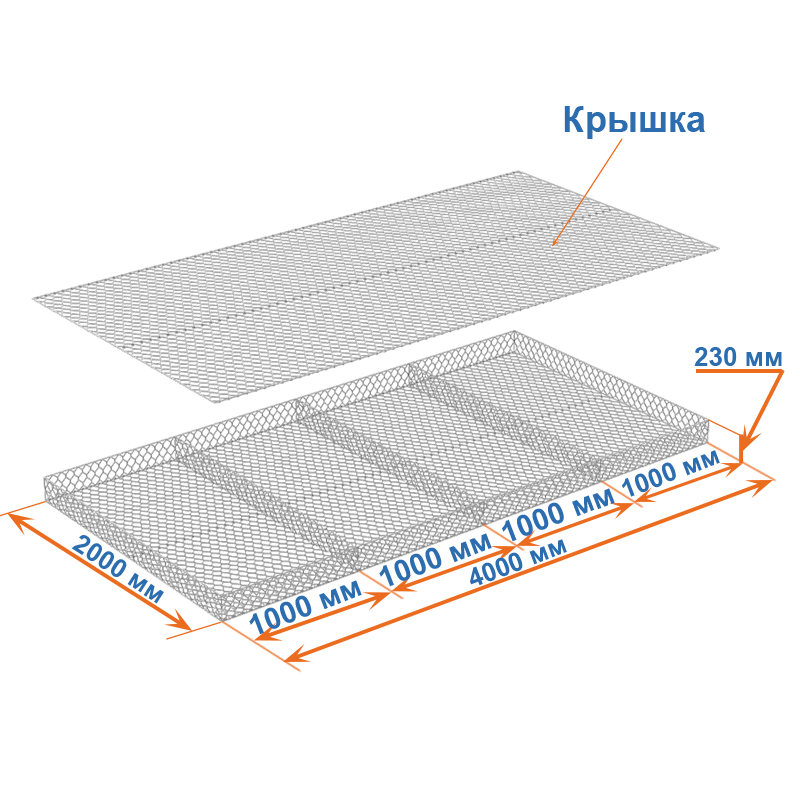 Габион матрац ГСИ-М 4х2х0,23 оцинкованный / ЦП, Ø проволоки 2,4/3,4 мм, размер ячейки 6х8 см фото
